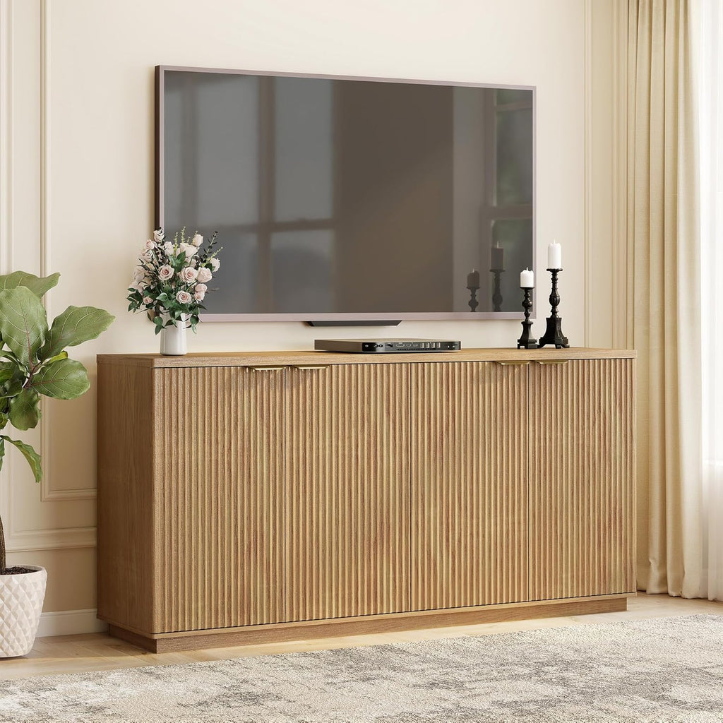 Fluted Sideboard Buffet Cabinet with Storage,63" Modern Credenza Storage Cabinet with Doors and Adjustable Shelves,Wooden Buffet Cabinet for Kitchen,Living Room,Natural Oak