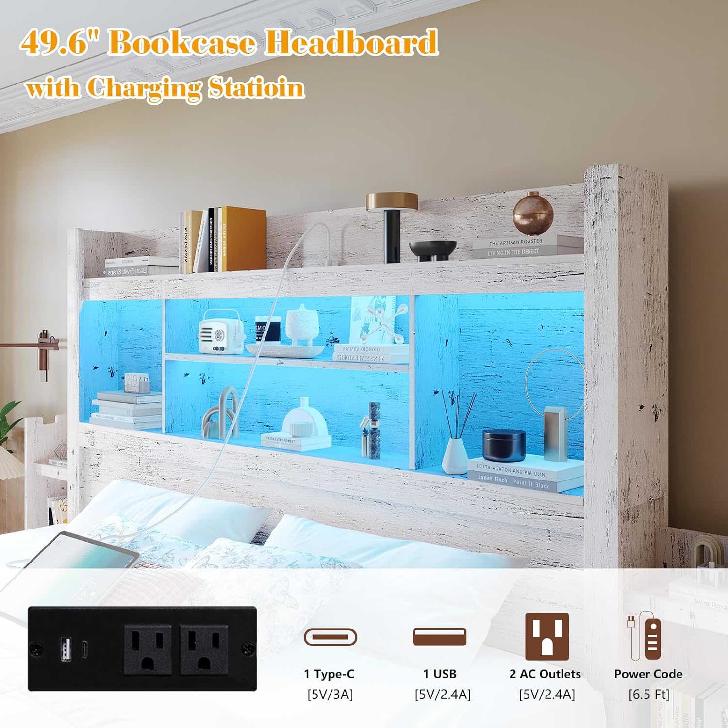 Queen Bed Frame with 49.6" Bookcase Headboard & 4 Drawers & 2 Detachable Bedside Stoage Racks, Farmhouse Wood Bed Frame with RGB LED & Charging Station, No Box Spring Needed, Distressed White