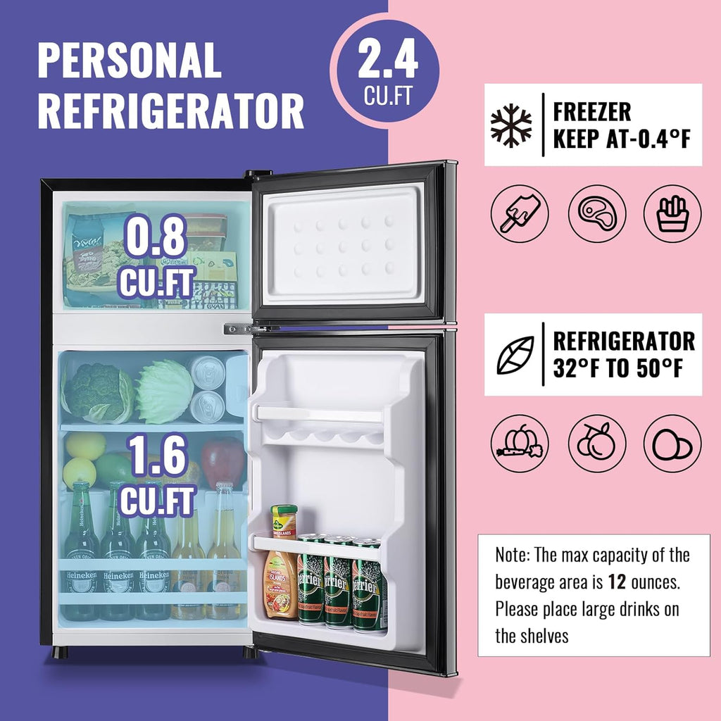 DEMULLER 2.4 Cu.Ft Small Refrigerator with Freezer Mini Fridge Removable Plastic Shelves Ideal for Apartment,Dormitory Black