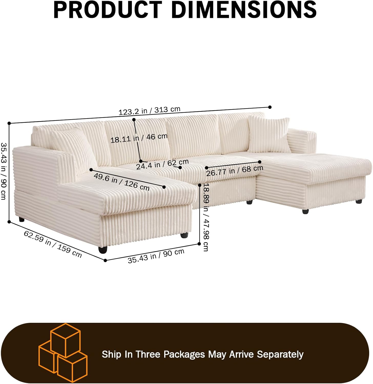 123" U-Shaped Modular sectional Sofa, Two L-Shape Chaise with 2 Cloud Couch sectional with Two Pillows, couches for Living Room (Beige)