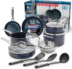 Blue Diamond 14 Piece Cookware Set, Diamond Infused PFAS & PFOA-Free Ceramic Nonstick Pots and Pans, Durable, Non Toxic, Metal Utensil Safe & Scratch Resistant, Dishwasher & Oven Safe, Blue