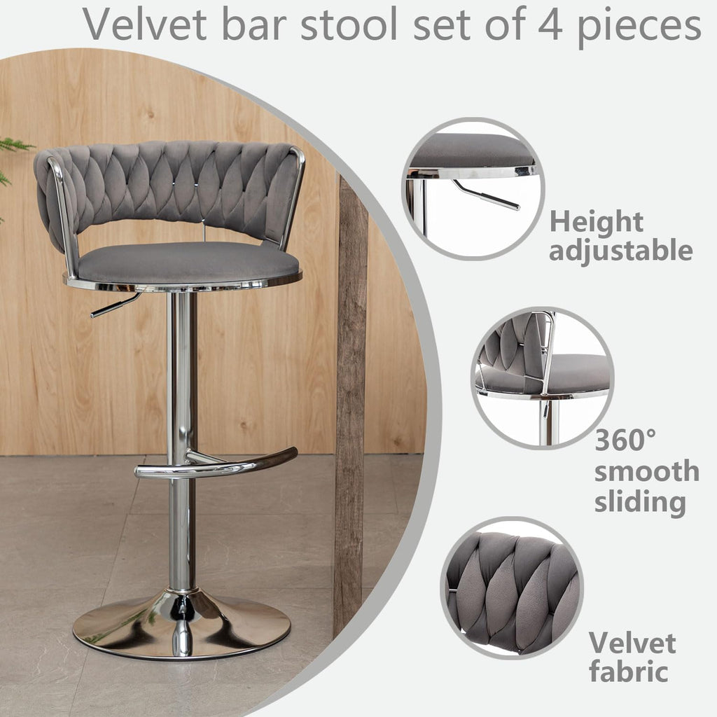 Velvet Bar Stools Set of 4, Counter Height Bar Stools with Low Back, Modern Adjustable Barstools, 360° Swivel Bar Chairs for Kitchen Island (Grey)