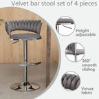 Velvet Bar Stools Set of 4, Counter Height Bar Stools with Low Back, Modern Adjustable Barstools, 360° Swivel Bar Chairs for Kitchen Island (Grey)