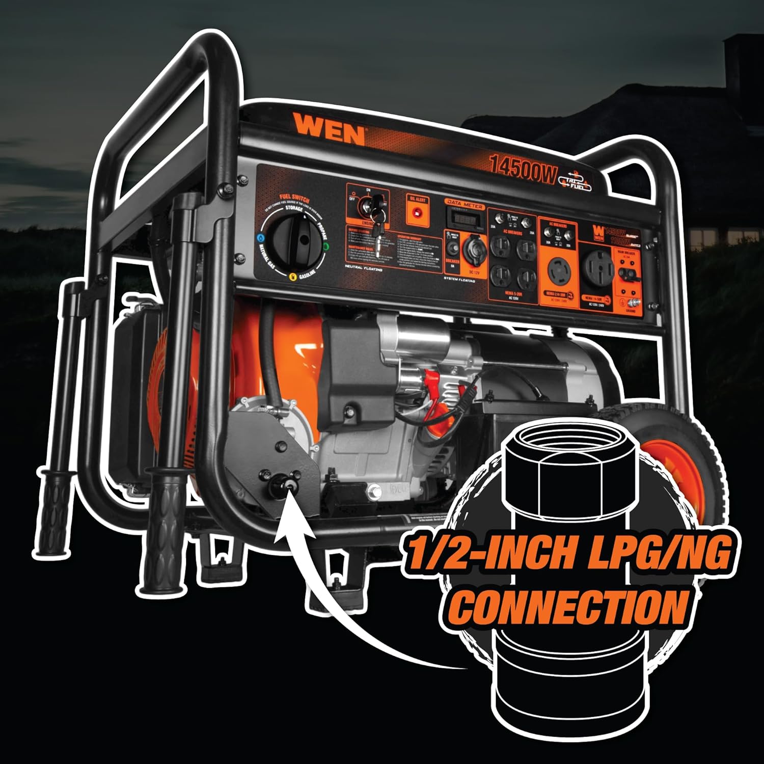 WEN 14500-Watt 120V/240V Tri-Fuel Generator  Transfer-Switch Ready with Electric Start and Wheel Kit (TF1450)
