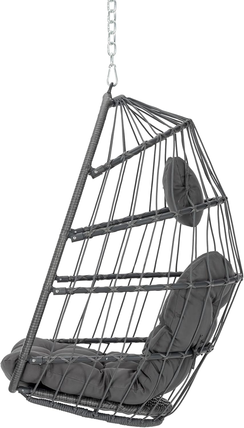Yechen Hanging Egg Chair Outdoor Without Stand Indoor, Aluminum Foldable Swing Egg Chairs - Wicker Rattan Hammock Egg Porch Swing with UV Resistant Cushions for Bedroom Patio Balcony