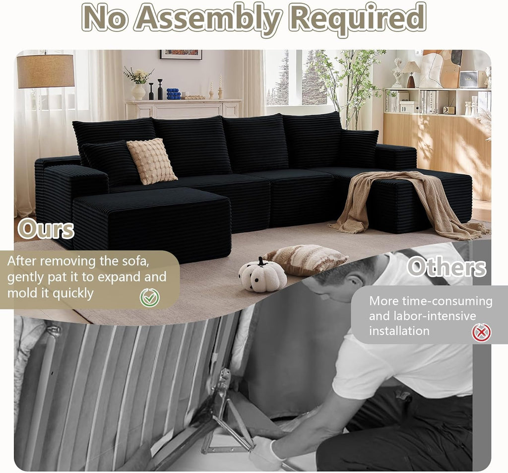135" U-Shape Cloud Couch, Modern Modular Sectional Comfy L-Shape Sofa with Ottoman, Deep Seat, Upholstered Corduroy Sleeper Chaise Longue for Living Room Bedroom, No Assembly Required, Black