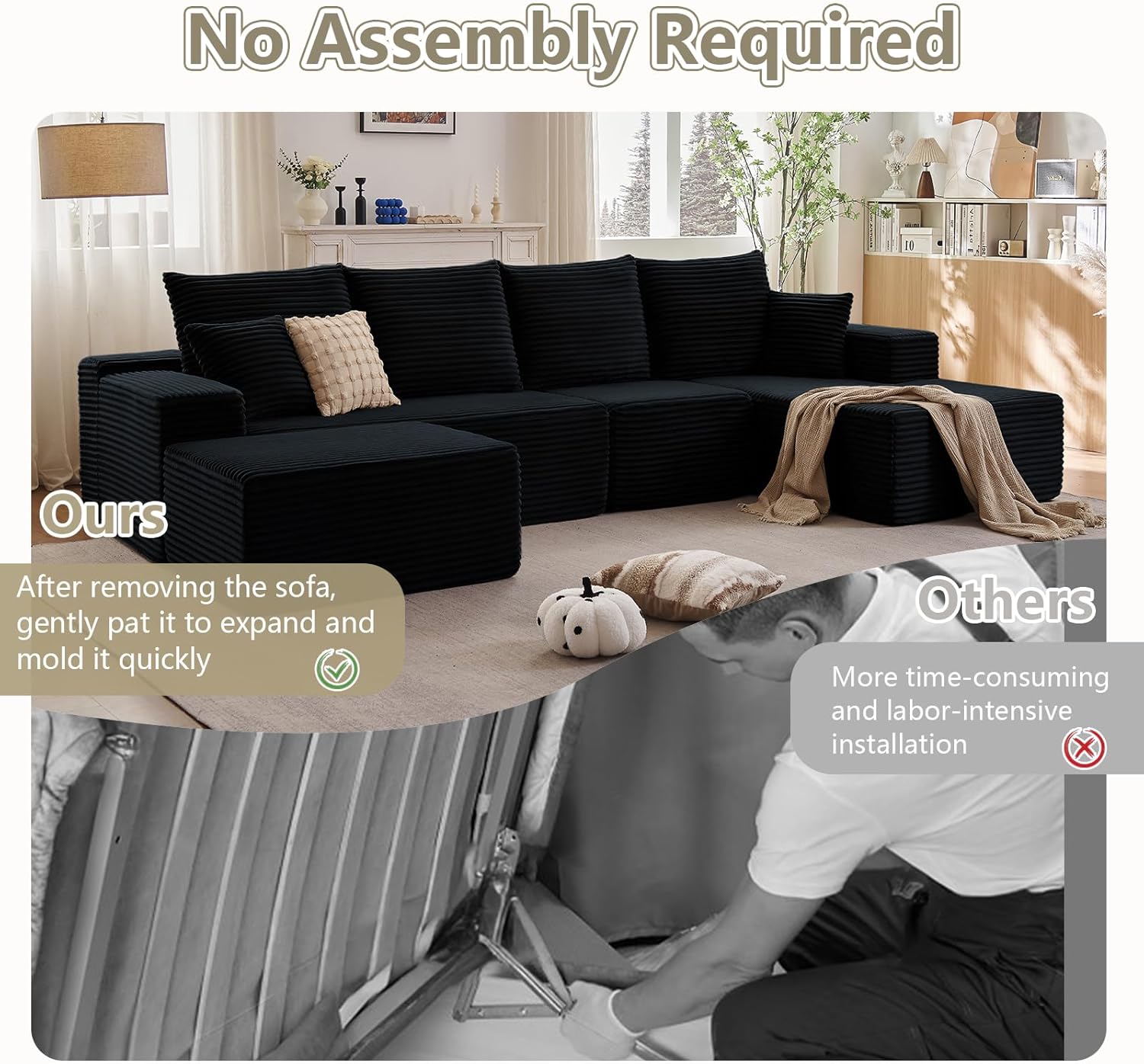 135" U-Shape Cloud Couch, Modern Modular Sectional Comfy L-Shape Sofa with Ottoman, Deep Seat, Upholstered Corduroy Sleeper Chaise Longue for Living Room Bedroom, No Assembly Required, Black