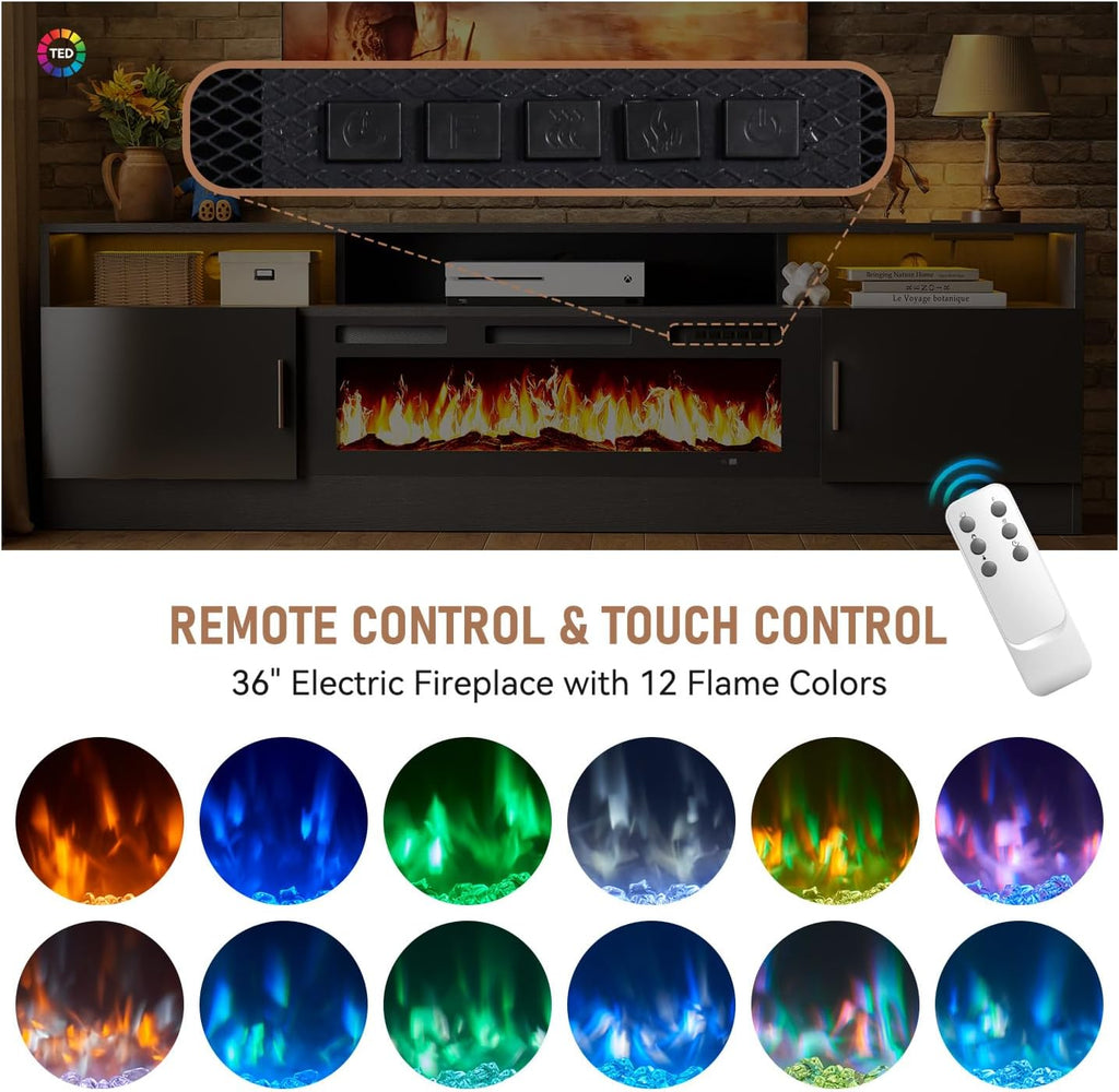 70" Fireplace TV Stand with Power Outlet for TVs UP to 80", Electric Fireplace Entertainment Center with LED Lights & Storage Cabinets, TV Console for Living Room, Office, Black-Black2
