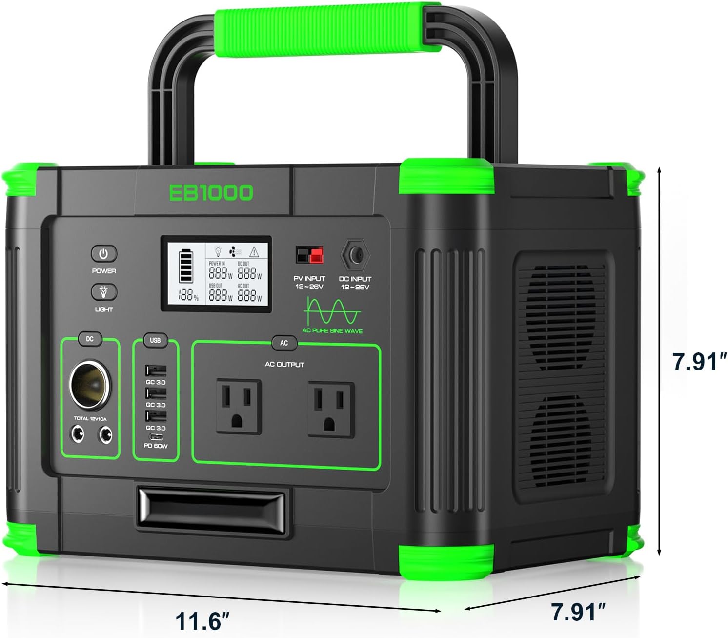Portable Power Station 1000W (Peak 2000W)  999Wh Solar Generator  110V Pure Sine Wave AC Outlet with PD 60W USB-C Fast Charging  Outdoor Camping RV Van Home Backup Off-Grid Living