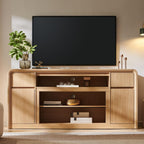 Modern TV Stand for 80 Inch TVs, 32"Tall Entertainment Center w/Storage Cabinet& drawers, Media Console Cabinet w/Soundbar &Adjustable Shelves for Living Room, Curved Profile Design, 70 inch (Natural)