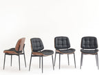 Mid Century Modern Dining Chairs with Walnut Grain Back, Black Faux Leather Dining Room Chairs Set of 2, Checkered Soft Cushion Kitchen Chairs with Adjustable Foot Pads