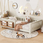 Bellemave Twin Size Kids Montessori Floor Bed Frame with Bookshelf and Guardrail,Solid Wood Floor Bed Frame with Slats for Girls Boys,Low-Profile,Beige