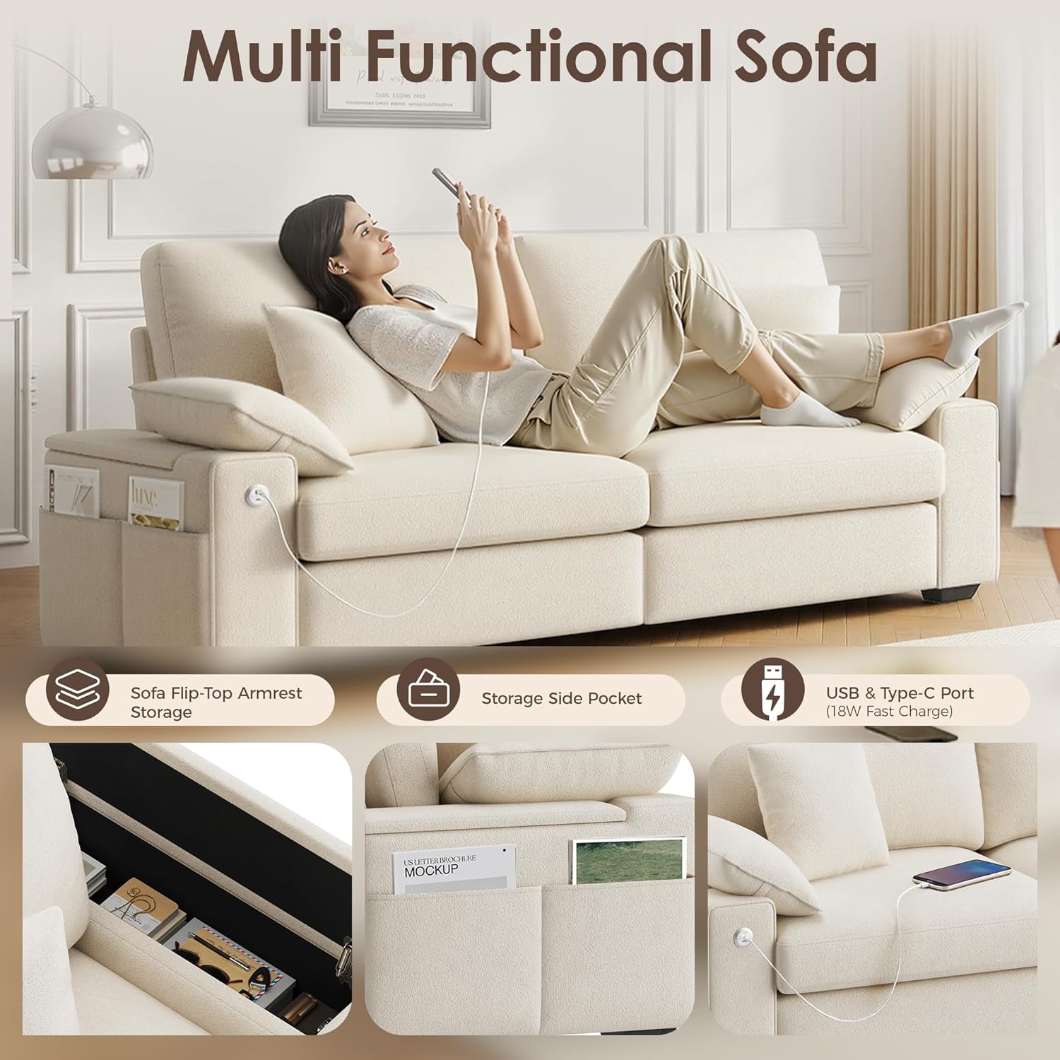 76.38'' Modern Loveseat Sofas for Living Room, 2 Seats Sectional Sofa Couch with USB/Type-C Charging Port & Side Storage Removable Cover, Easy Assembly for Small Spaces- Beige