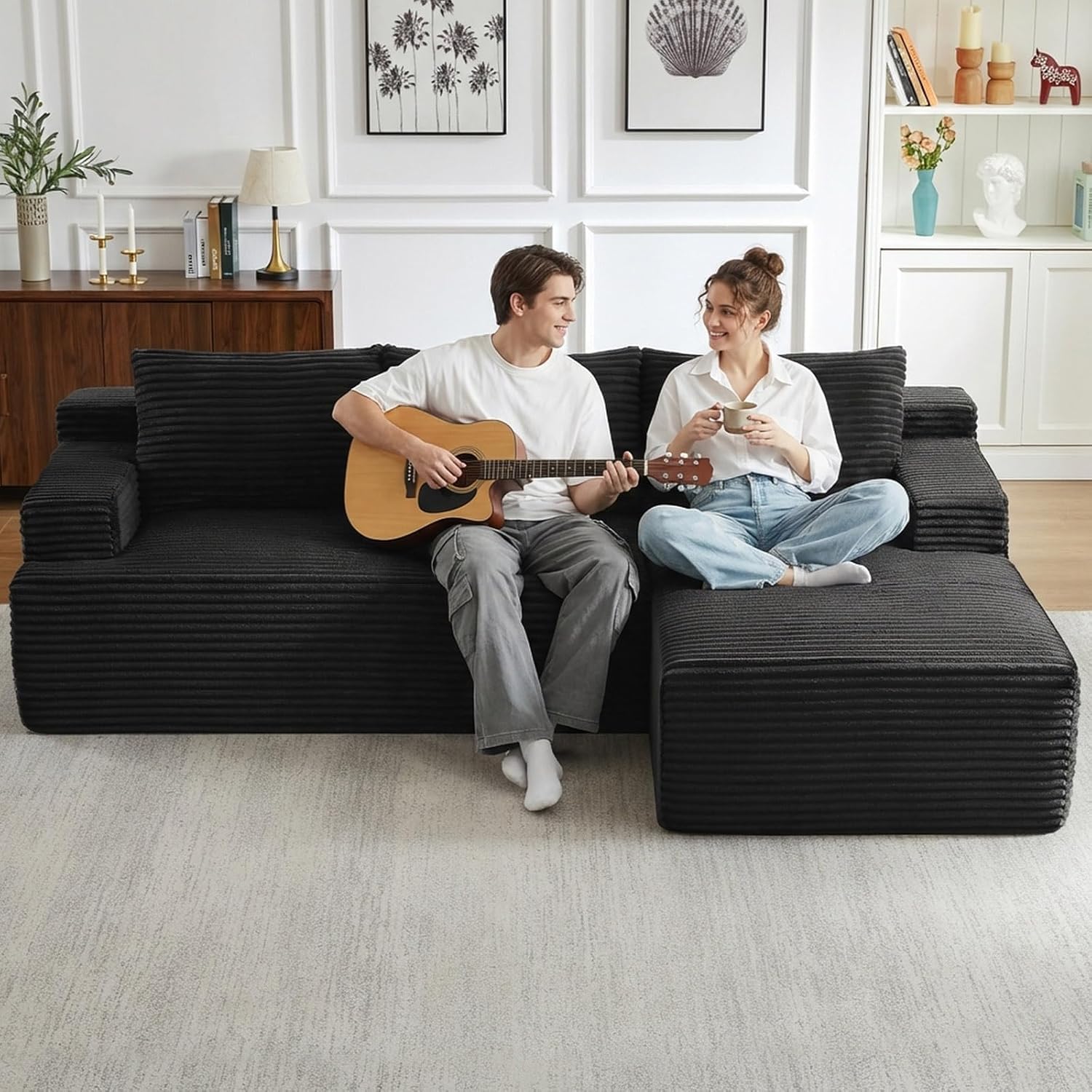 96" Cloud Sectional Couch with L-Shape Chaise, Modular Comfy Sofa Chaise Longue, Upholstered Corduroy Couches Sleeper with Deep Seat for Living Room Bedroom, No Assembly Required(Black, Right Facing)