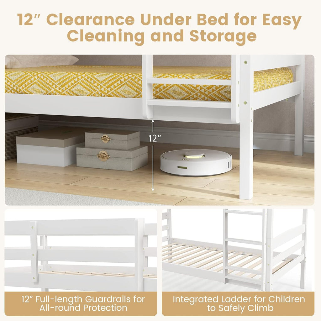 DORTALA Twin Over Twin Bunk Bed, Rubber Wood Convertible Wood Bunk Bed with Ladder Guardrail, Safety High Guardrail, Solid Wood Frame, Practical Morden Bunk Beds for Home, Dorm, Apartment, White