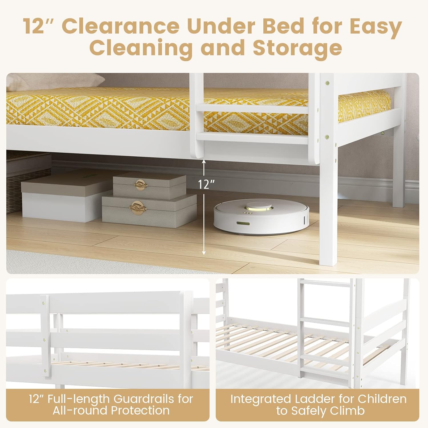 KOMFOTT Bunk Bed Twin Over Twin, Bunk Bed Frame w/Full-Length Guardrail & Integrated Ladder, Wood Bunk Bed for Small Space, Converts to 2 Individual Beds for Kids & Adults, No Box Spring Needed