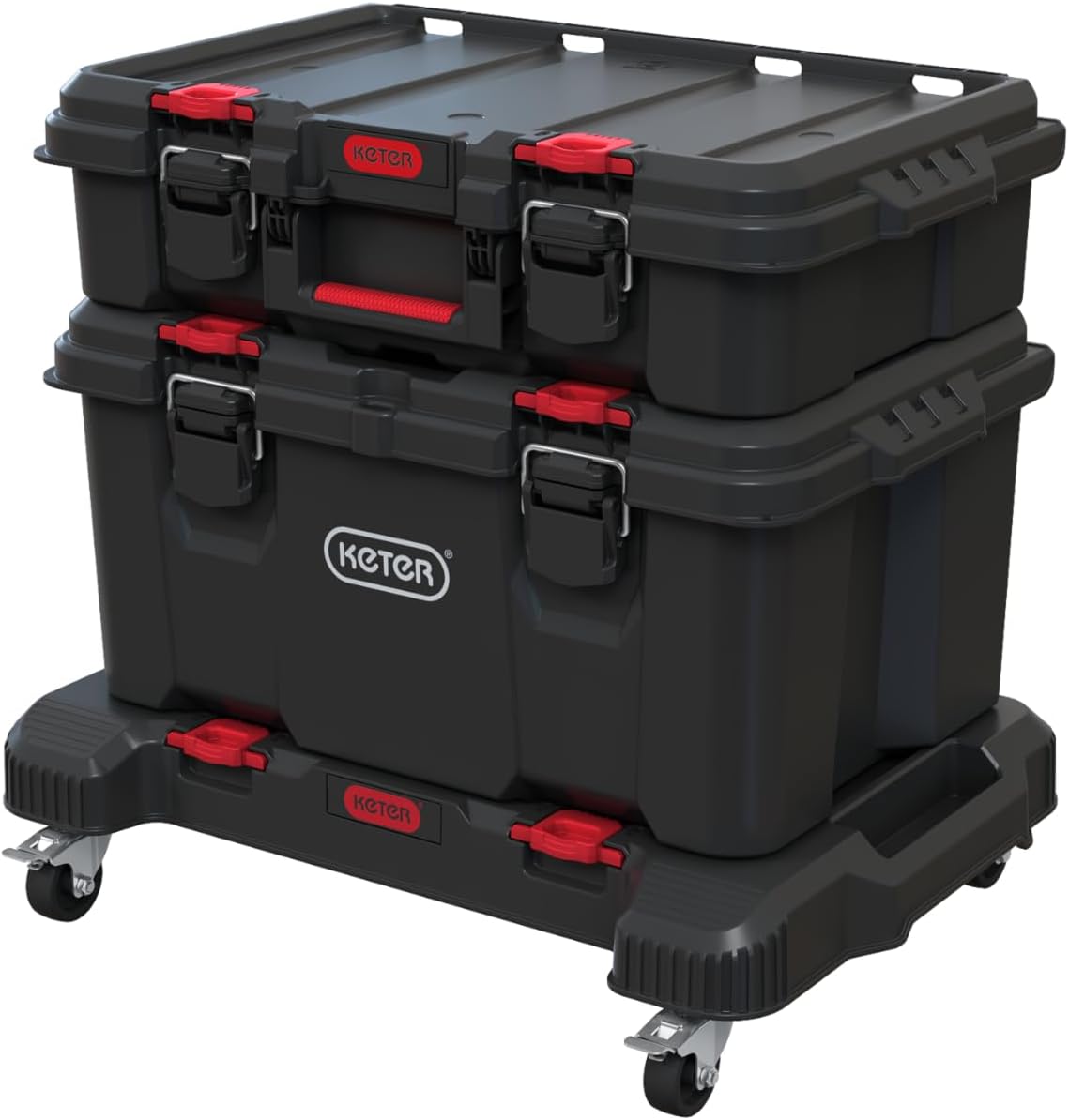Keter Stack-n-Roll 3-Piece Rolling Tool Storage System – Includes Dolly, Tool Box & Deep Power Tool Case | Modular Mobile Tool Organizer | Stackable Design for Garage, Jobsite & Workshop