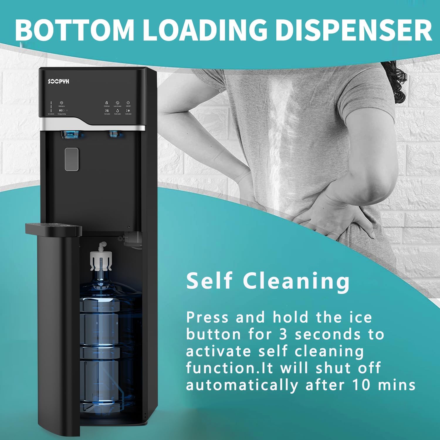 Self Clean Water Cooler Dispenser and Ice Maker Bottom Loading for 5 Gallon 3 Temperature Settings 22lbs Daily Capacity Ice Full Alert Night Light Black