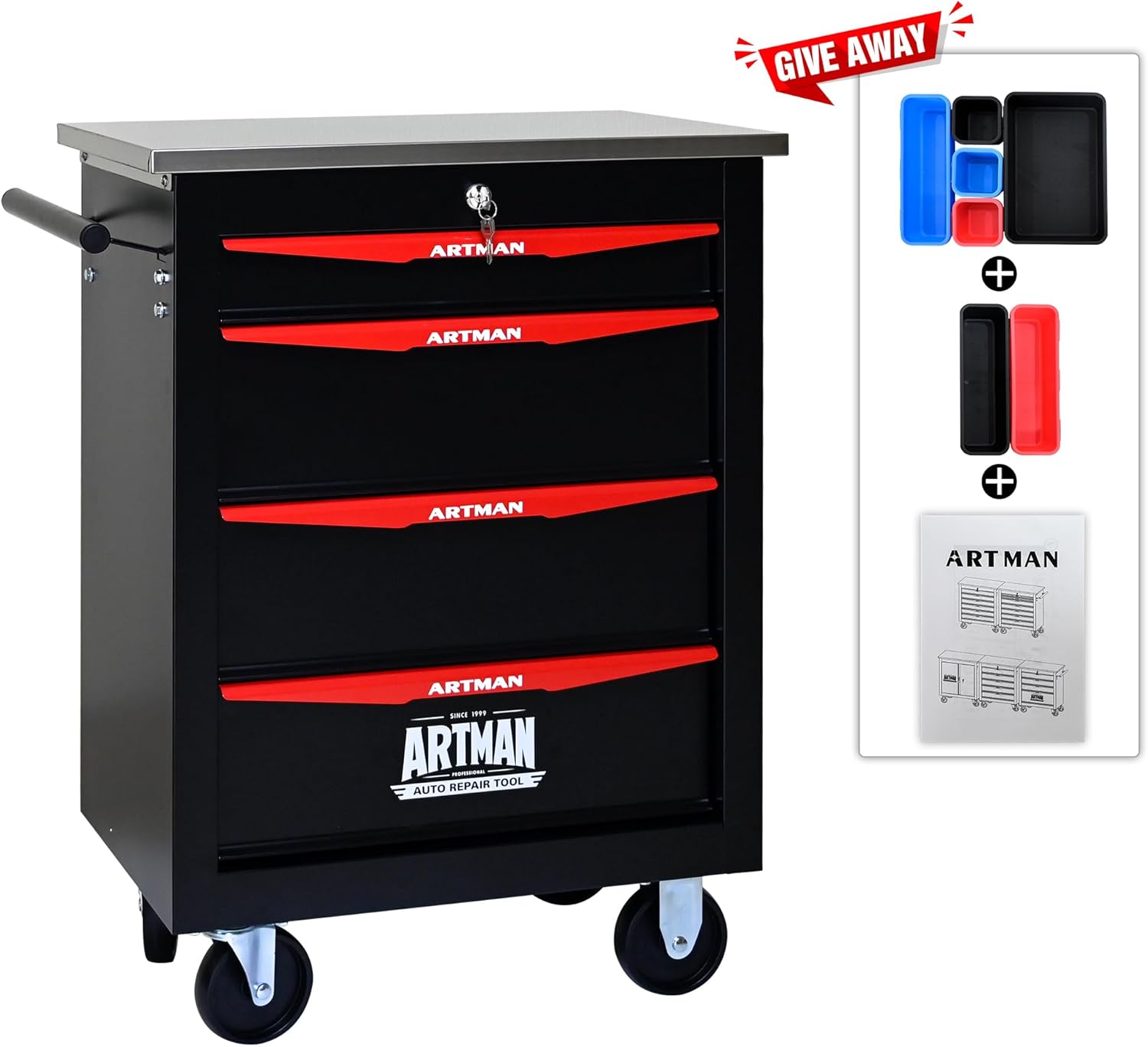4-Drawer Rolling Tool Chest, Black & Red Modular Tool Box with Wheels, Heavy-Duty Rolling Tool Cabinet for Garage & Workshop Storage