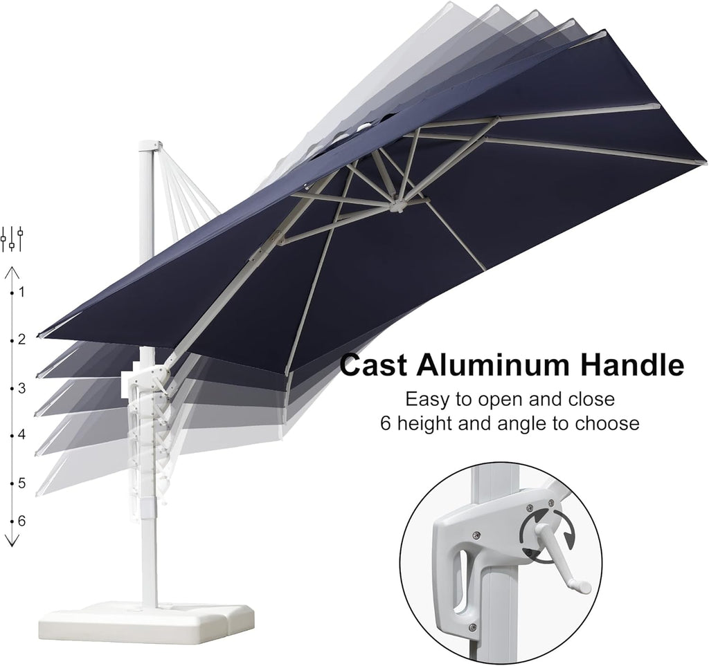 PURPLE LEAF 10' × 13' Patio Umbrella With Base White Cantilever Umbrella Square Outdoor Offset Umbrella Windproof with 360° Rotation for Garden Deck Pool, Navy Blue