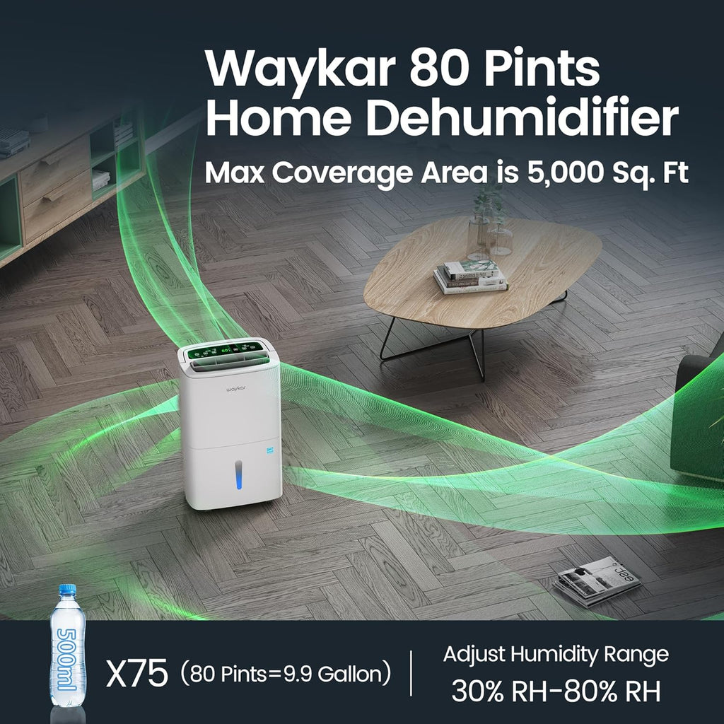 Waykar Max 80 Pint/D(Standard 62Pint/D) Energy Star Home Dehumidifier for Spaces up to 5,000 Sq. Ft, Ideal for Basement, Bathroom and Large Room with Drain Hose, Portable, Auto Defrost and Self-Drying