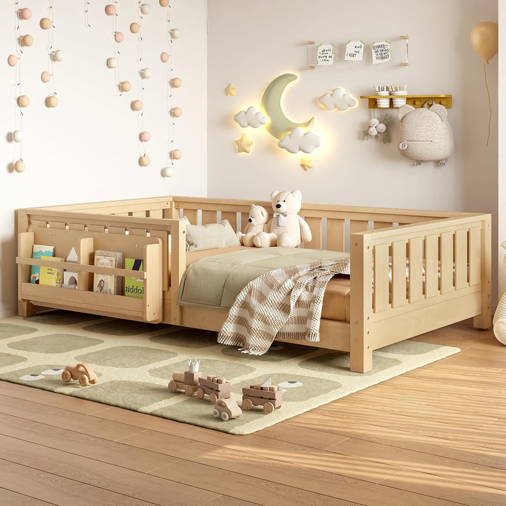 Bellemave Twin Floor Bed with Slats and Safety Guardrail, Twin Size Montessori Floor Bed with Fence and Built-in Bookshelf, Easy Assemble Montessori Beds for Kids, Girls, Boys, Light Natural