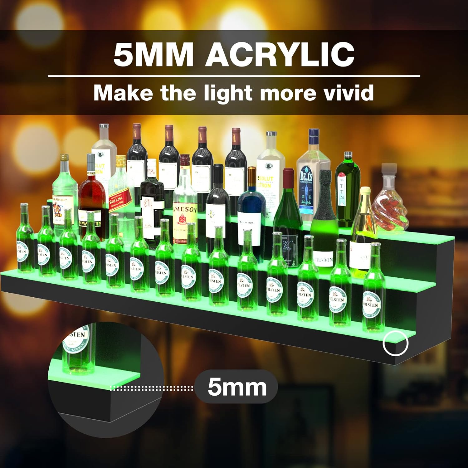 LED Liquor Bottle Display Shelf, 60 inch 3 Step Lighted Acrylic Lighted Bar Shelf for Home, Illuminated Home Bar Shelf, Acrylic Lighted Bottle Display Stand with Remote and APP Control