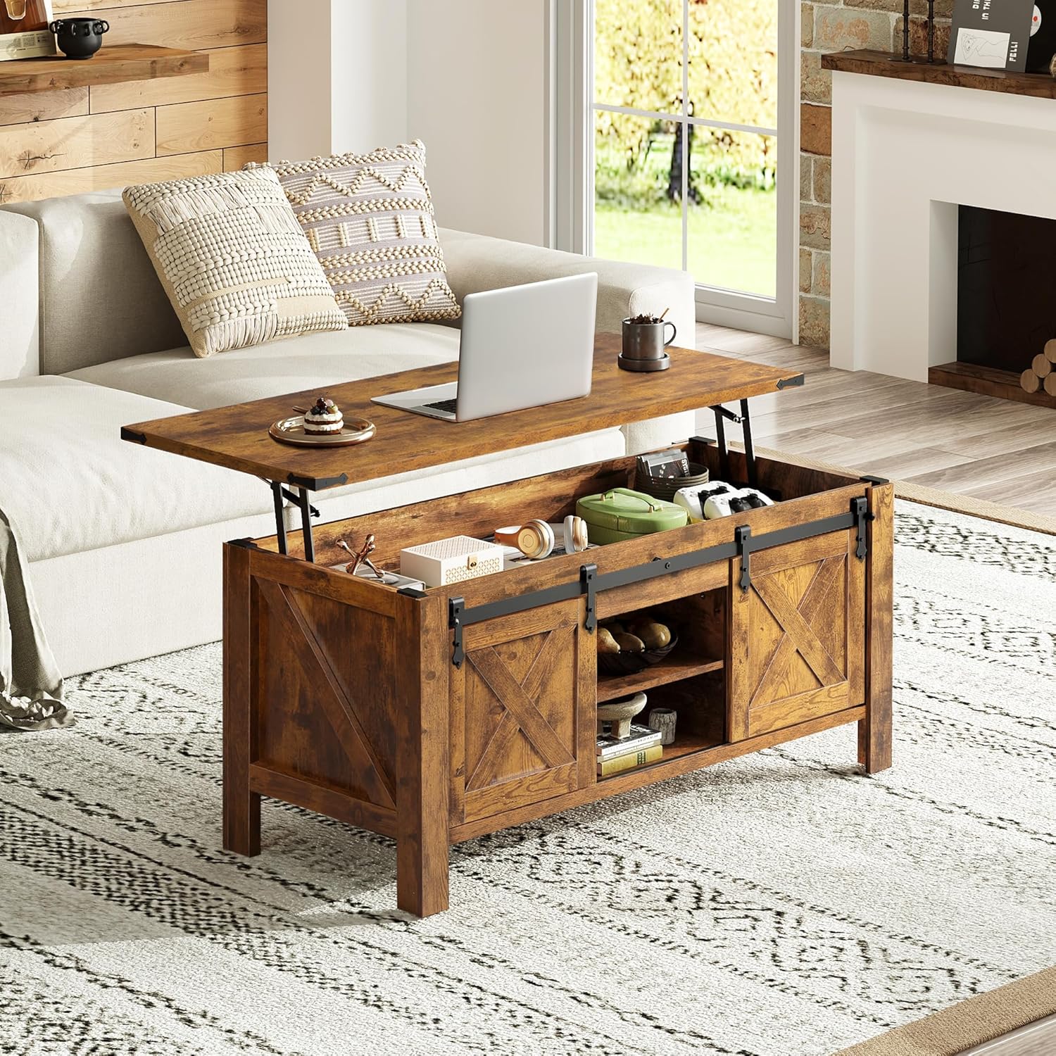 WLIVE 47.3" Farmhouse Lift Top Coffee Table with Sliding Barn Doors, Large Hidden Storage Compartment and Adjustable Shelf for Living Room,Office, Rustic Brown