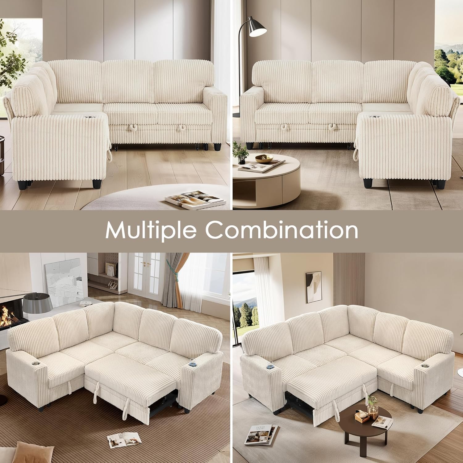 81" Modular Sectional Sofa, L Shaped 5-Seater Sleeper Sofa with Pull Out Bed, Hidden Storage, Cup Holders & USB Charging Ports, Sectional Couches for Living Room, Corduroy, Beige