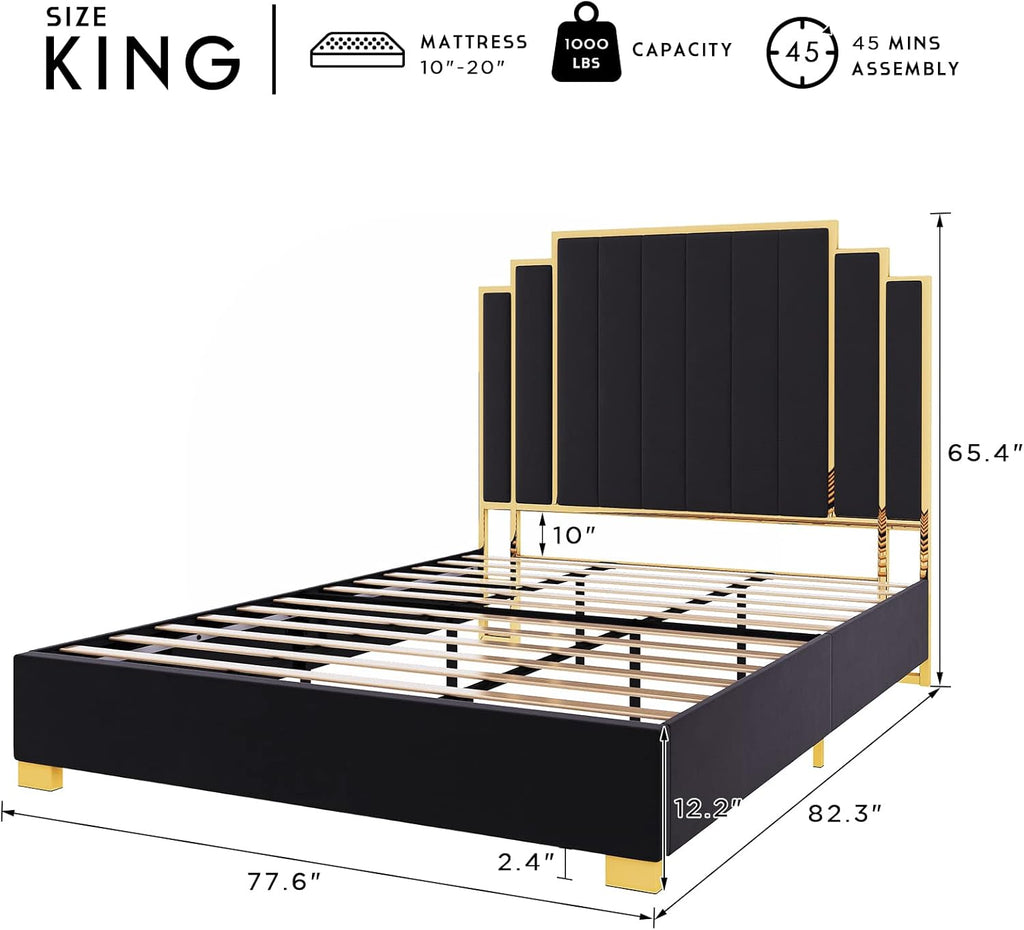HOWE King Size Bed Frame and 65" Headboard, Upholstered Bed with Golden Plating Trim, Modern Platform Bed No Box Spring Needed, Black
