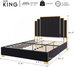 HOWE King Size Bed Frame and 65" Headboard, Upholstered Bed with Golden Plating Trim, Modern Platform Bed No Box Spring Needed, Black