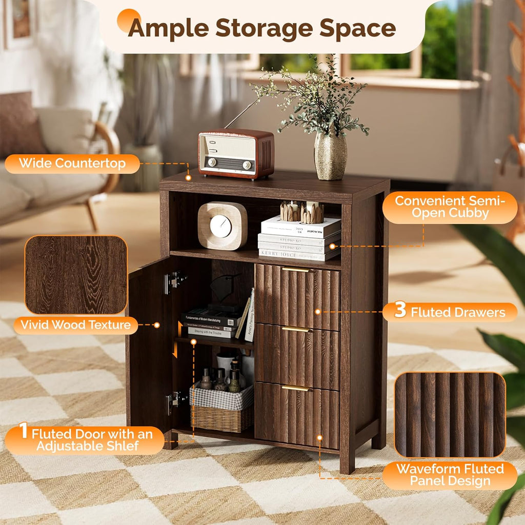 VINGLI Bathroom Floor Storage Cabinet with 3 Drawers, Modern 32" Freestanding Short Storage Organizer with Fluted Door & Adjustable Shelf, 12 Inch Deep Walnut Wooden Console for Small Space