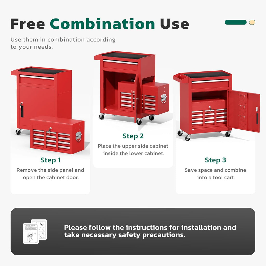 Greenvelly Tool Chest, 5-Drawer Rolling Tool Chest with Hooks and Lockable Wheels, Detachable Top Tool Box, Toolbox with Wheels, Rolling Tool Box for Mechanics Garage Workshop and Tool Room (Red)