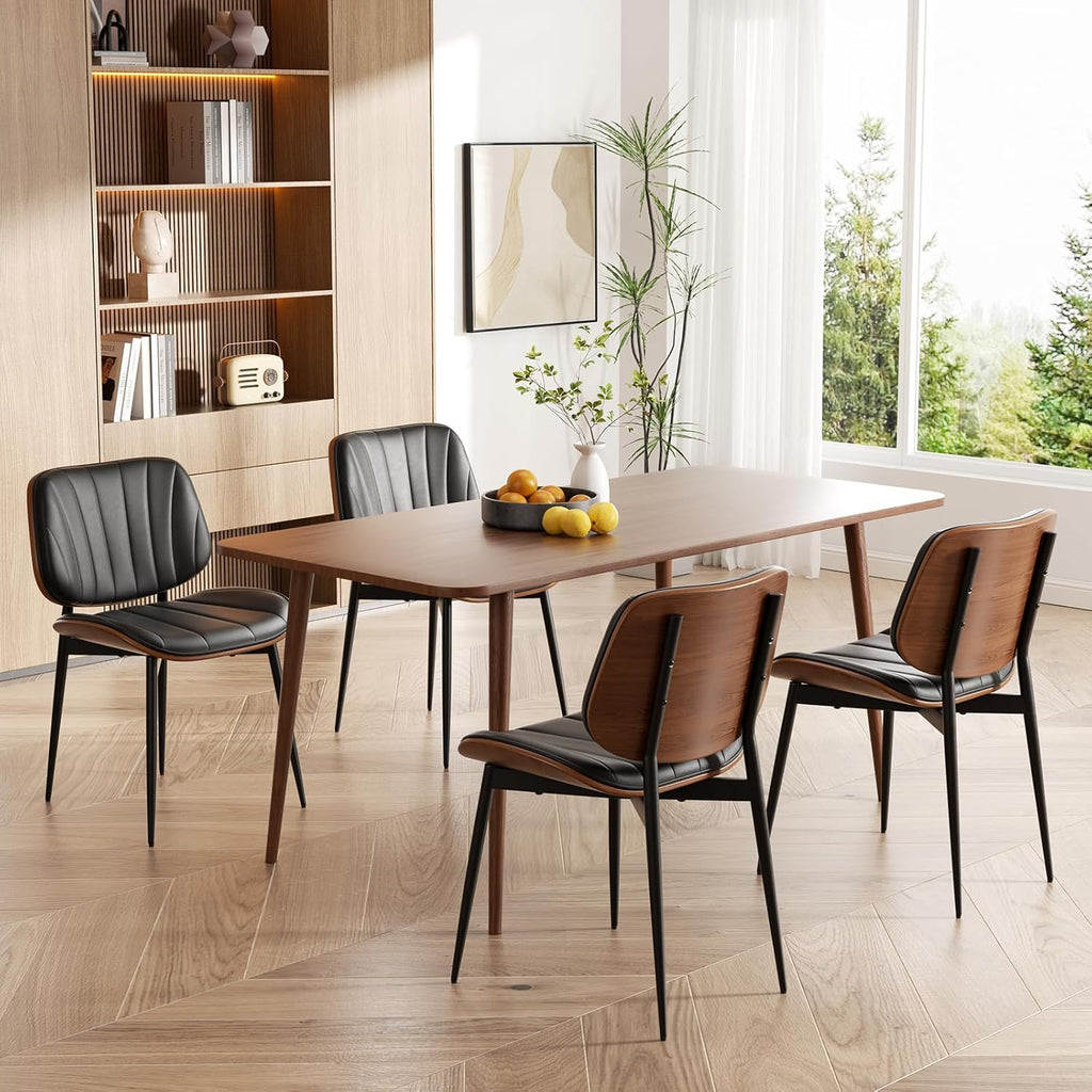 Dining Chairs Set of 4, Mid Century Modern Dining Room Chair, Upholstered Faux Leather Kitchen Chairs with Walnut Bentwood Back and Metal Legs for Kitchen Dining Room Living Room, Black