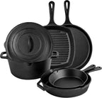 6 Piece Pre-Seasoned Cast Iron Cookware Set – Incl. 5QT Dutch Oven with Lid, 8'' and 10.25'' Cast Iron Skillets, 10.5'' Round Griddle, and a Square Grill Pan for Kitchen, Stovetop, & Camping
