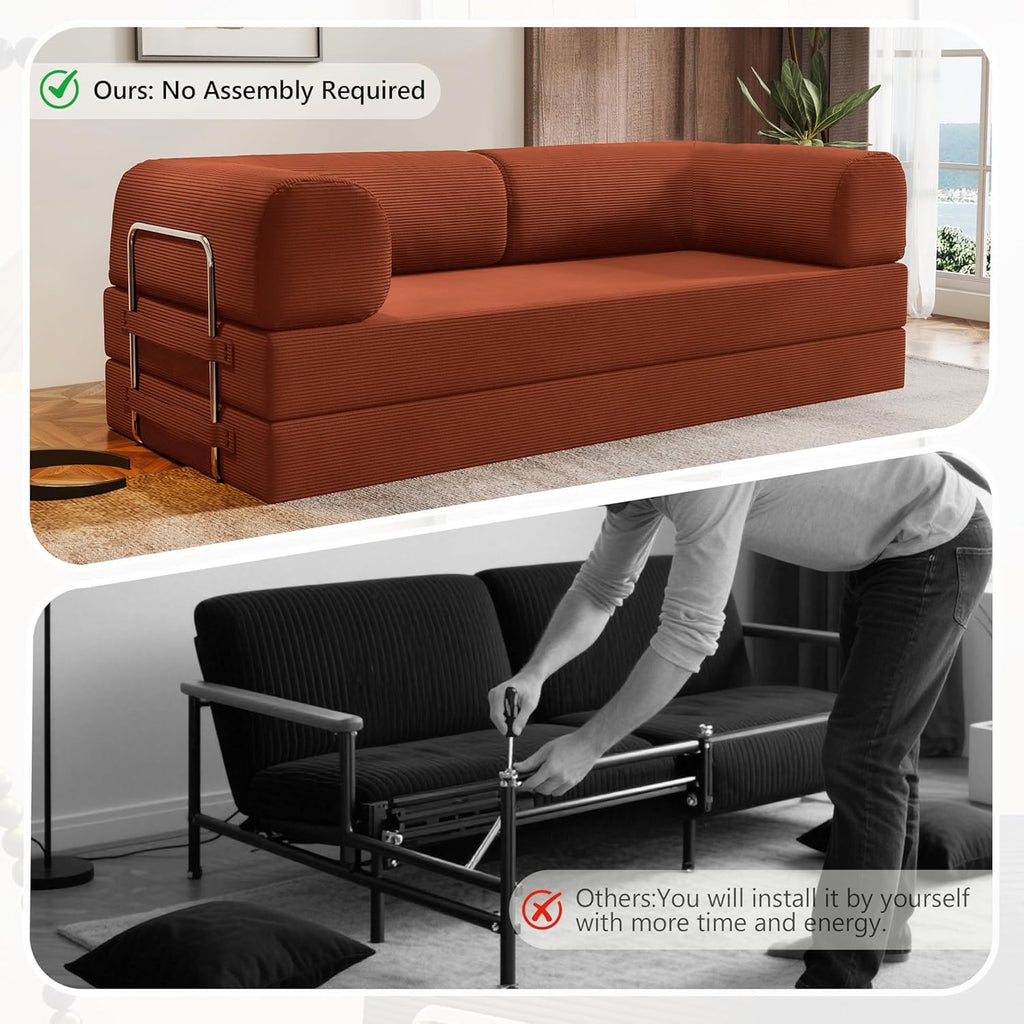 78.8" Folding Convertible Sofa Bed, 4-in-1 Floor Sofa Modular Futon Couch .Pull Out Couch Memory Foam King Size Sofa Bed .No Assembly Needed Boneless Couch for Living Room（Orange）