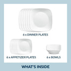 Corelle Vitrelle 18-Piece Service for 6 Square Dinnerware Set Triple Layer Glass and Chip Resistant, Lightweight Square Plates and Bowls Set, Pure White