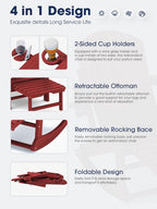 KINGYES Adirondack Rocking Chair with Retractable Ottoman and Cup Holders, HDPE Adirondack Rocker Patio Rocking Chair for Porch, Patio, Balcony, Burgundy Red