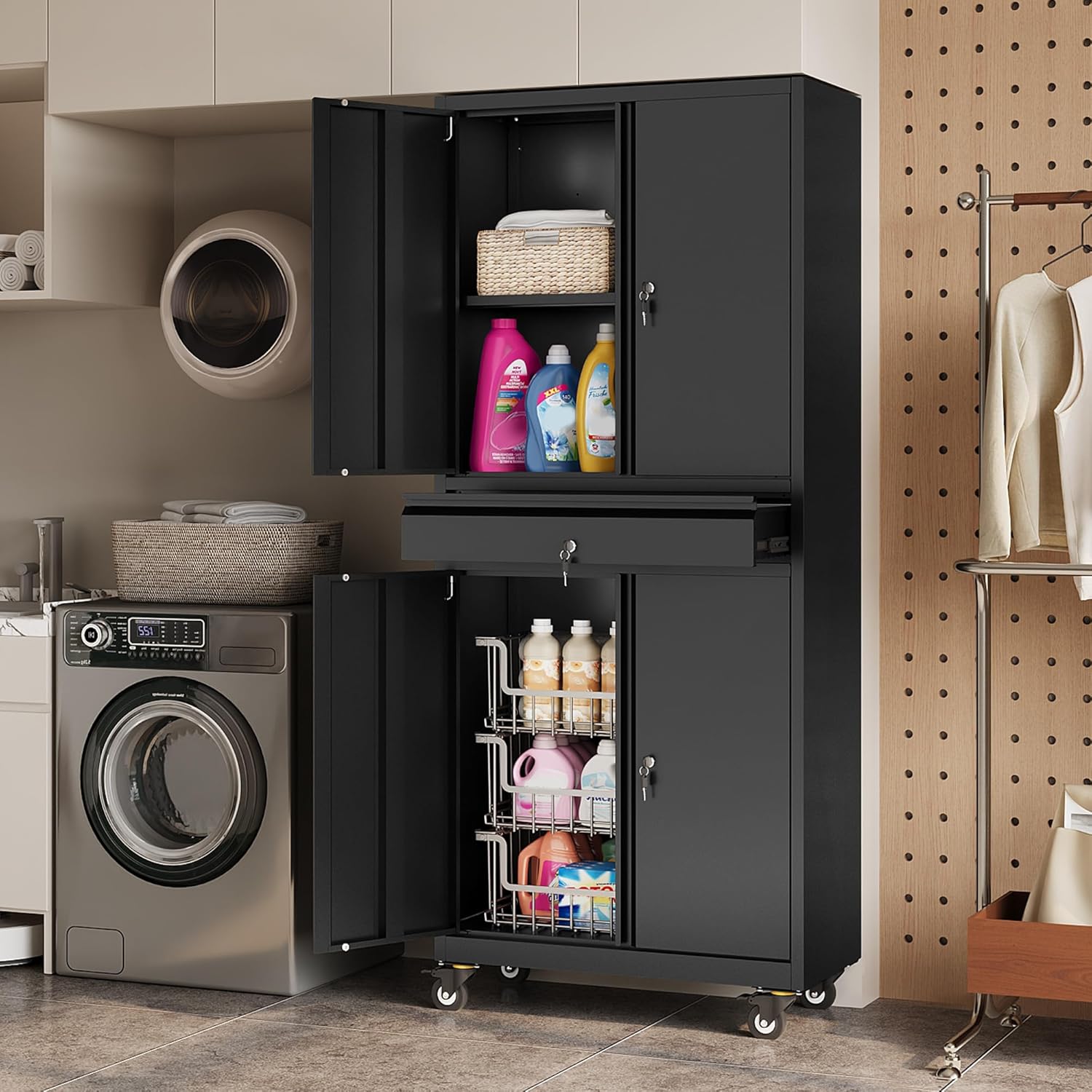 DEVAISE Metal Garage Storage Cabinet with Locking Doors and Drawer,71" Tool Cabinet with Adjustable Shelves & Wheels, 71" Steel Cabinet for Garage, Warehouse (Black)