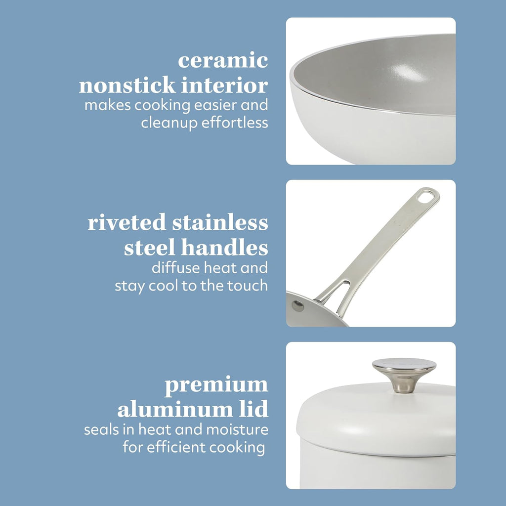 Sur La Table Kitchen Essentials Potluck Porch 10 Piece PFA Free Ceramic Non stick Interior Forged Aluminum Cookware Pots and Pans Set W/Aluminum Lids - Linen White - Induction Compatible