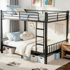 Queen Over Queen Bunk Bed for Adults & Teens, Heavy Duty Metal Bunk Bed with EVA Anti-Slip Ladder & Full-Length Guardrails, Noise-Free Queen Bunk Bed Frame with Under-Bed Storage, Black