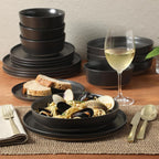 Gibson Elite Overbrook 16-Piece Pottery Clay Stoneware Dinnerware Set – Black Reactive Glaze, Stackable Plates and Bowls W/Pasta Bowl, Service for 4 – Microwave & Dishwasher Safe