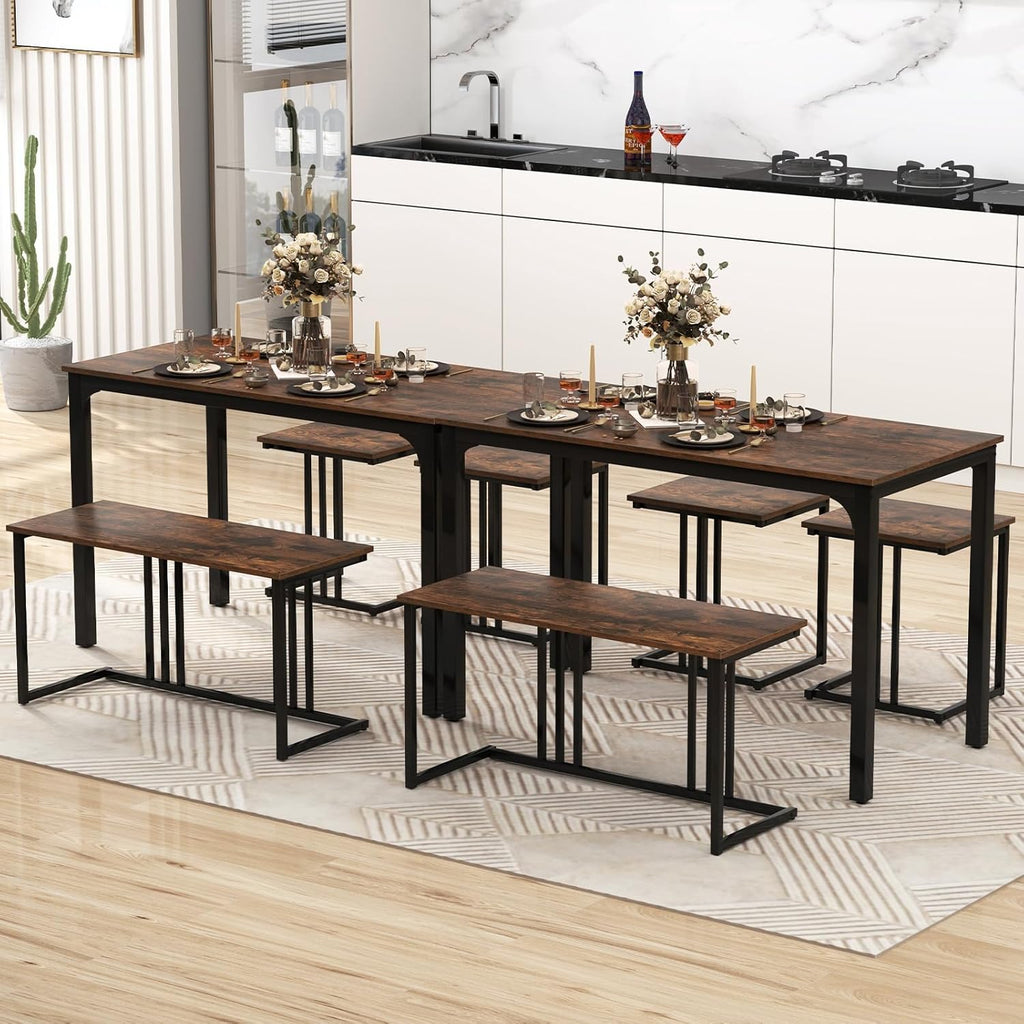 Giantex 4-Piece Dining Table Set for 4, Modern Kitchen Table and Chairs, Nesting Furniture Set with Bench & 2 Stools, Space-Saving Desk Set, Dinette Set for Small Place, Dining Room Restaurant (Brown)