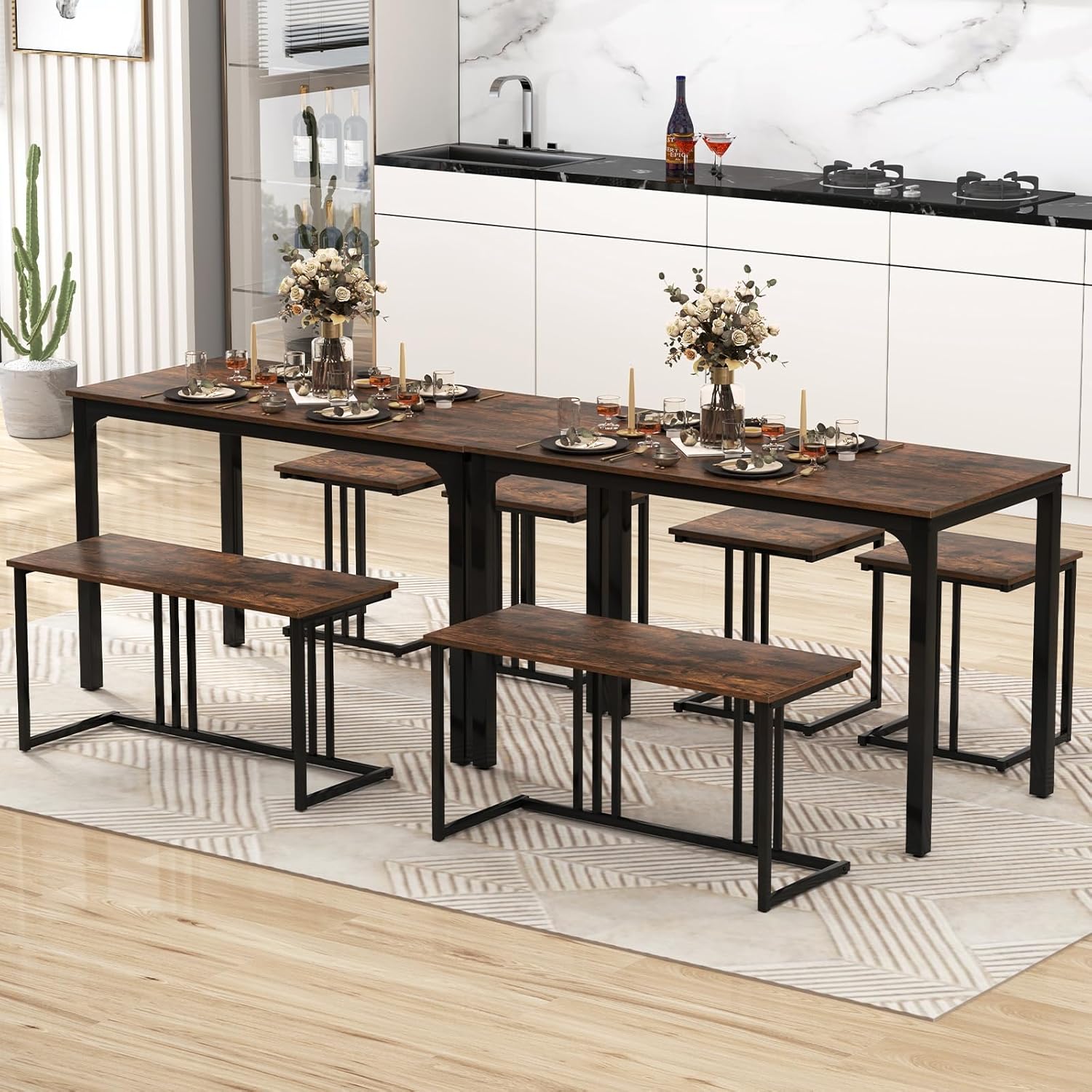 Giantex 4-Piece Dining Table Set for 4, Modern Kitchen Table and Chairs, Nesting Furniture Set with Bench & 2 Stools, Space-Saving Desk Set, Dinette Set for Small Place, Dining Room Restaurant (Brown)