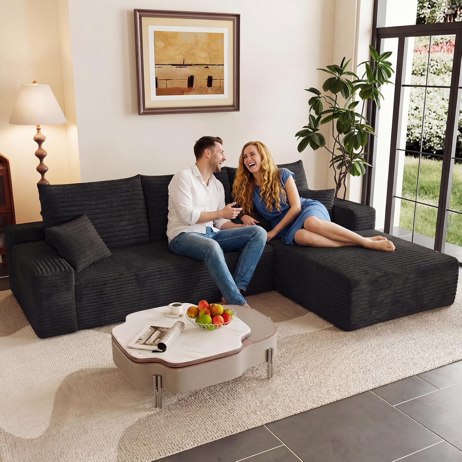 Modular Sectional Sofa Cloud Sectional Couch, 95" Comfy Fluffy L-Shaped Couches for Living Room, Deep Seat Memory Foam Plush Corduroy Boneless Couch Sectionals No Assembly (Black,Right-Facing Chaise)