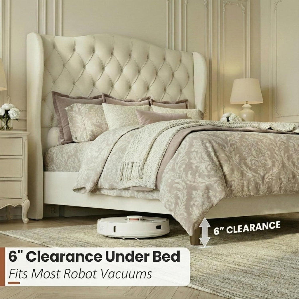 Queen Size Velvet Upholstered Platform Bed Frame, 56" Tall Wingback Headboard with Deep Diamond Tufting, Solid Metal Support (1000lbs), No Box Spring Needed, Cream