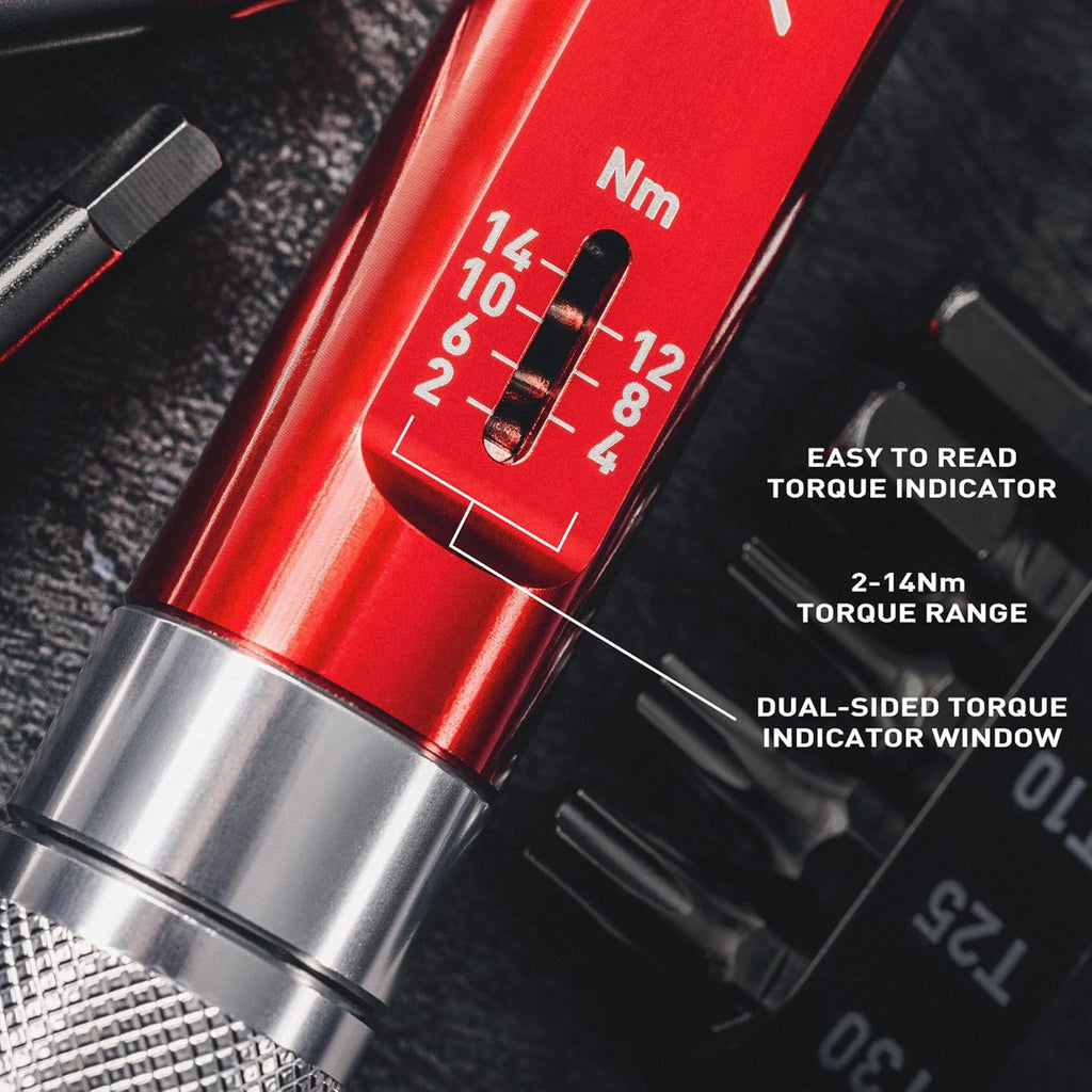 Feedback Sports | Range Click Torque Wrench Set | Adjustable Torque Ratchet Bit Driver [2-14Nm] | 13 S2 Steel Hex & Torx Bits | TPU Protective Carrying Case | Bicycle Tool Kit | Mini Torque Wrench