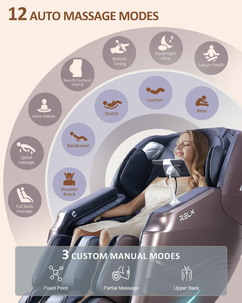 RELX Massage Chair Full Body, 15 Modes Zero Gravity SL-Track Shiatsu Massage Chair Built-in Heat System, Airbag Massage with Body Scan, Deep Yoga Stretch, Calfrest Extension and AI Control(Brown)