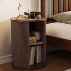LINSY HOME Round Fluted End Table, Tall Side Table with Sliding Tambour Door and Storage Shelf, Modern Bedside Table, Mid-Century Nightstand for Living Room, Bedroom, Walnut