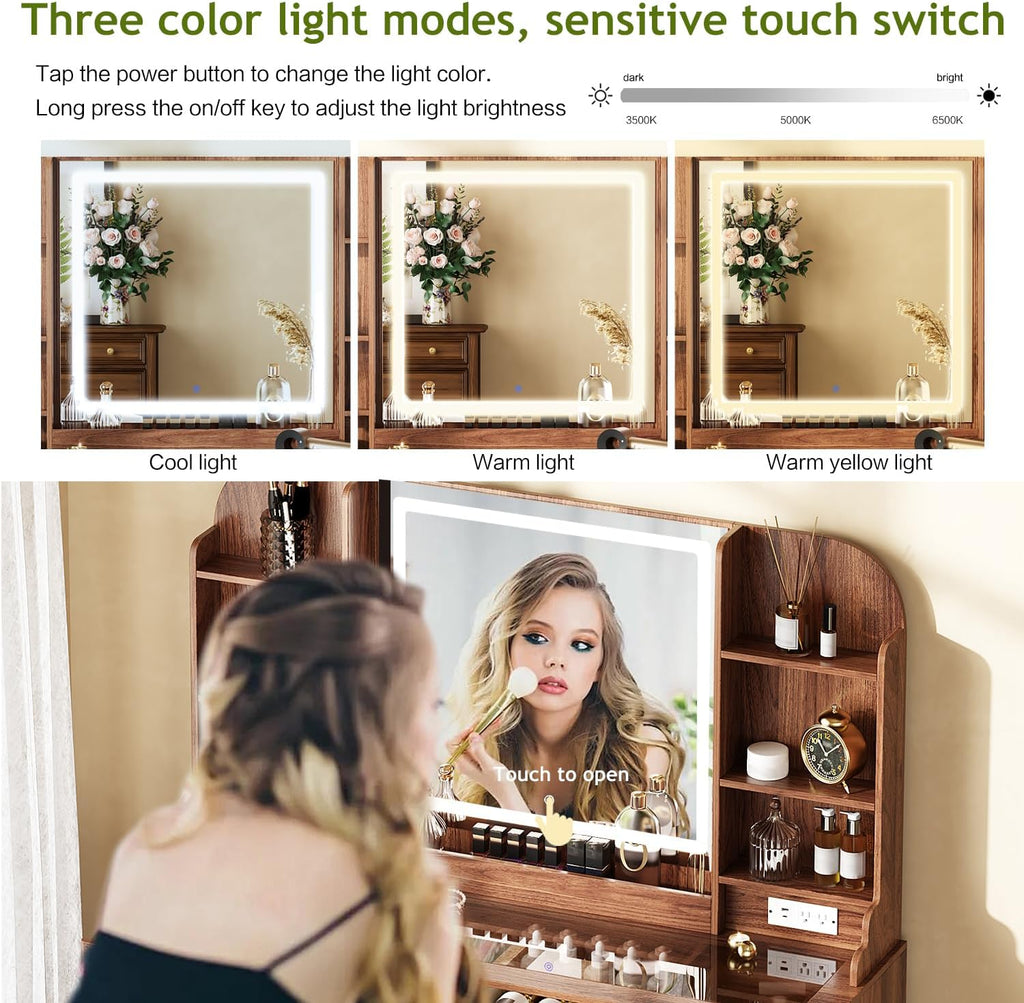 43" Makeup Vanity Desk with Mirror and Lights, & Power Outl, Glass Top Big Vanity Table with 9 Drawers& 8 Storage Shelves, Dressing Table Set with Chair for Bedroom, Brown